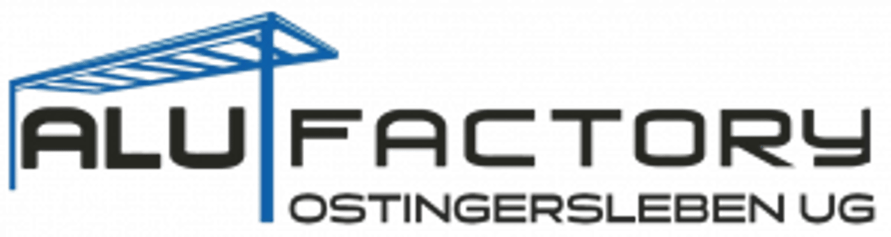 Alu Factory logo mit Text "ALU FACTORY Ostingersleben UG" und blauem Traversensymbol über "ALU".
